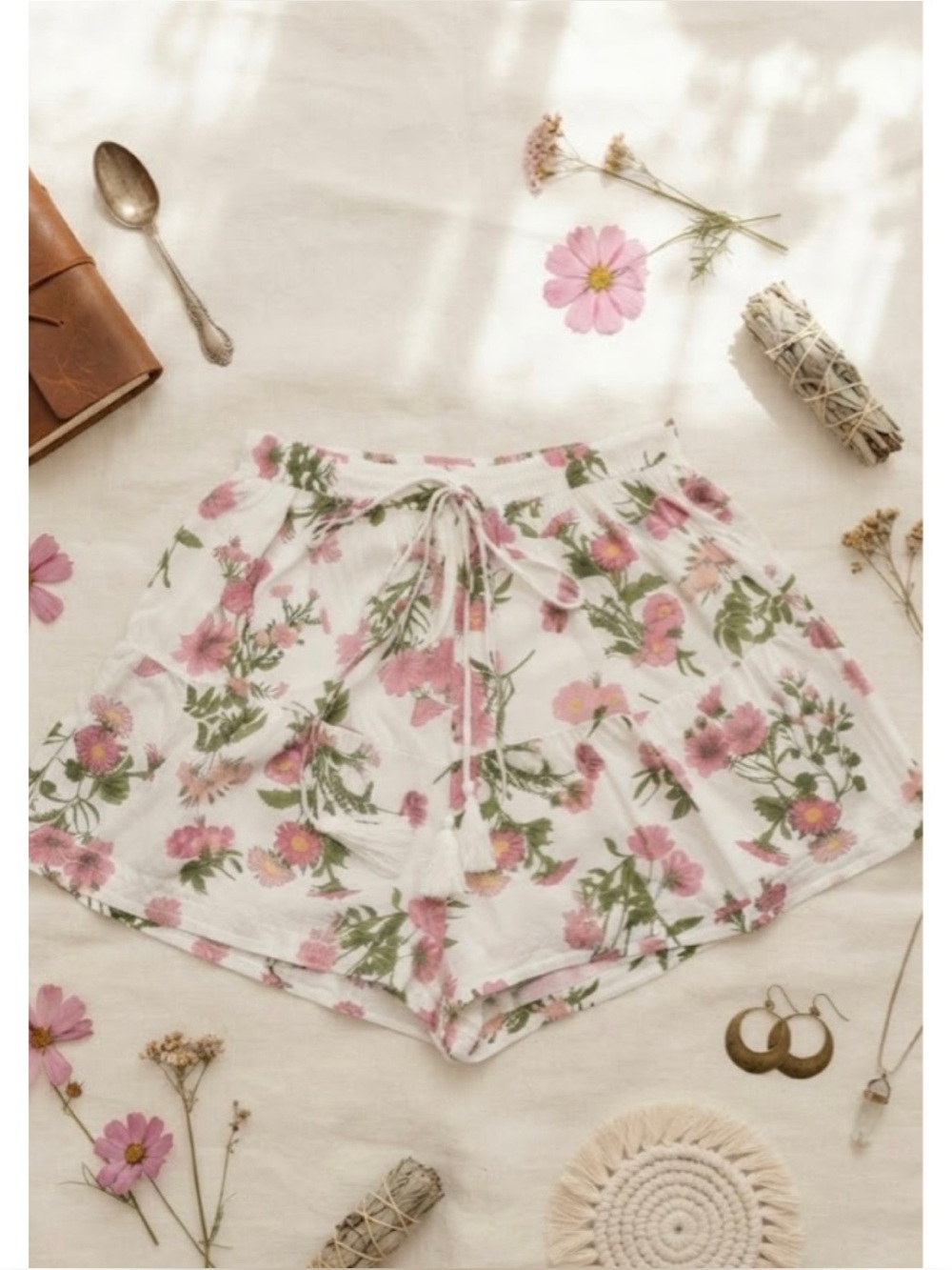 Olivaceous Floral High Rise Flowy Shorts Elastic Waistband Boho 100% Rayon